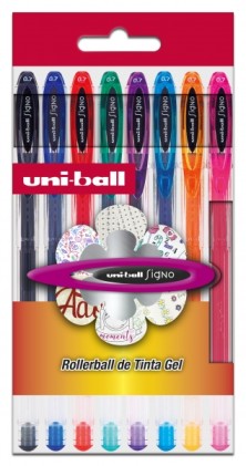 Uni-ball Signo Basic Confezione da 8 penne a inchiostro gel - Punta a sfera da 0,7 mm - Inchiostro resistente all'acqua e alla luce - Colori assortiti