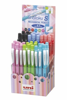 Uni-ball Shalaku S M7-228 Espositore da 48 matite meccaniche da 0,7 mm - 2 mine HB - Gomma inclusa - Fusti colorati assortiti
