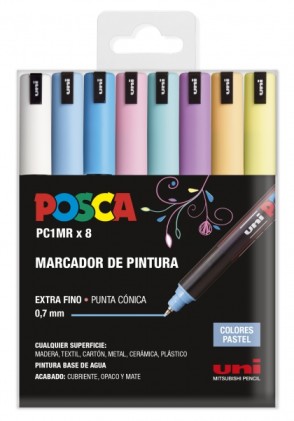 Posca PC1MR Confezione da 8 pennarelli a vernice - Punta a rullo in fibra da 0,7 mm - Inchiostro pigmentato a base d'acqua - Resistente alla luce - Colori pastello assortiti