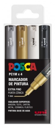 Posca PC1M Confezione da 4 pennarelli a vernice - Punta conica da 0,7 mm - Inchiostro a base d'acqua - Non permanente - Resistente alla luce - Inodore - Ideale per segnaletica e decorazione - Colori argento, oro, bianco e nero