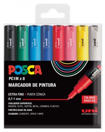 Posca PC1M Confezione da 8 pennarelli a vernice - Punta conica da 0,7 mm - Inchiostro a base d'acqua - Non permanente - Resistente alla luce - Inodore - Ideale per segnaletica e decorazione - Colori assortiti
