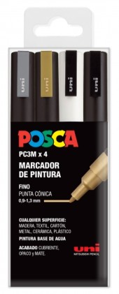 Pennarelli a vernice Posca PC3M, confezione da 4 - Punta conica da 0,9-1,3 mm - Inchiostro a base d'acqua - Resistente alla luce - Non permanente - Ideale per segnaletica e decorazione - Argento, oro, nero e bianco
