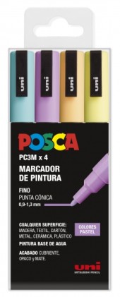 Posca PC3M Confezione da 4 pennarelli a vernice - Punta conica 0,9-1,3 mm - Inchiostro a base d'acqua - Resistente alla luce - Non permanente - Ideale per segnaletica e decorazione - Colori pastello assortiti