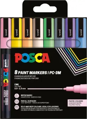 Posca PC3M Confezione da 8 pennarelli a vernice - Punta conica 0,9-1,3 mm - Inchiostro a base d'acqua - Resistente alla luce - Ideale per segnaletica e decorazione - Colori pastello assortiti
