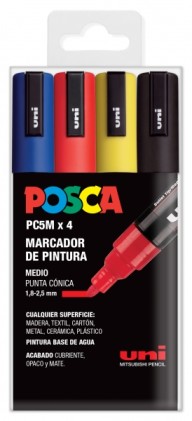 Posca PC-5M Confezione da 4 pennarelli a vernice - Punta tonda - Inchiostro a base di acqua - Non permanente - Resistente alla luce - Colori blu, rosso, giallo e nero