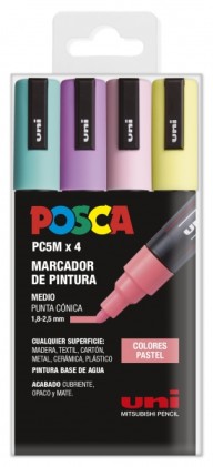 Posca PC-5M Confezione da 4 pennarelli a vernice - Punta tonda 1,8-2,5 mm - Inchiostro a base d'acqua - Non permanente - Resistente alla luce - Colori pastello assortiti