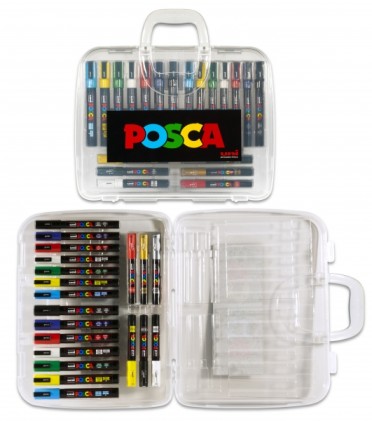 Posca Custodia in plastica con 20 pennarelli a vernice - Punta in poliestere - Inchiostro pigmentato a base d'acqua - Non permanente - Resistente alla luce - Colori e spessori assortiti