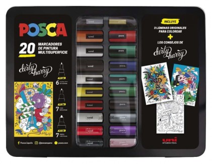 Posca Metal Case con 20 pennarelli a vernice - Colori e tratti assortiti - Punta in poliestere - Inchiostro pigmentato a base d'acqua - Resistente alla luce - Include fogli e punte Dirty Harry - Colori assortiti