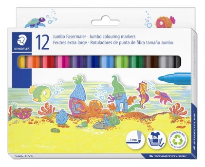 Staedtler Noris 340 Confezione da 12 pennarelli grandi - Tratto circa 3 mm - Facilmente lavabili - Inchiostro a base d'acqua - Colori assortiti