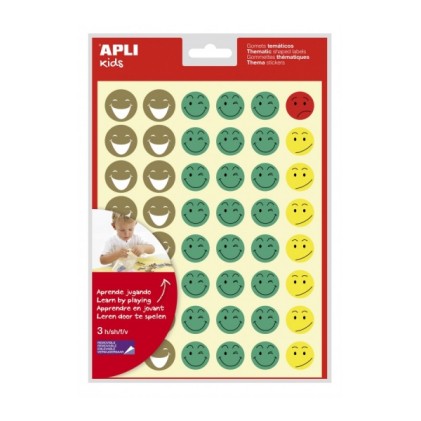 Apli Confezione da 144 adesivi con faccine felici - Adesivo rimovibile - 4 stili di faccine - Promuove la motivazione e l'espressione - Alta qualità e sicurezza - Colori assortiti