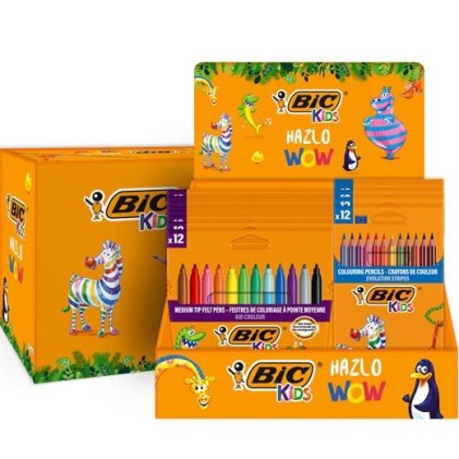 Espositore Bic Kids da 12 Confezioni da 12 Pennarelli Colorati + 12 Confezioni da 12 Matite Colorate Evolution Stripes - Colori Assortiti