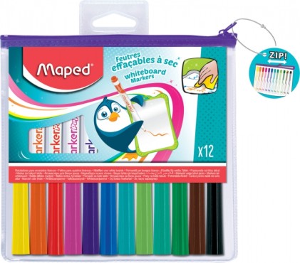 Pennarelli per lavagna bianca Maped Marker'Peps, confezione da 12 pezzi - Punta a proiettile da 1,5 mm - Cancellabili a secco - Comoda confezione con cerniera - Colori assortiti