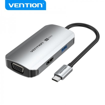 Vention Docking Station 4 in 1 da USB-C a HDMI 4K/VGA/USB 3.0/PD - 0,15 m - Alluminio grigio