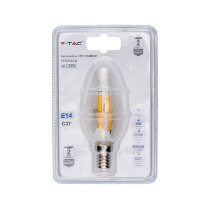 V-TAC Lampadina LED E14 6W Candela Filamento 3000K (Blister 1 Pezzo)