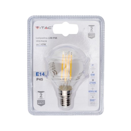 V-TAC Lampadina LED E14 6W P45 Filamento 2700K (Blister 1 Pezzo)
