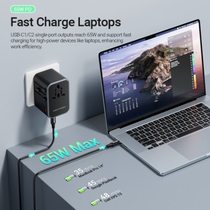 Adattatore da viaggio universale GaN 65W Vention - 3 porte USB (C+C+A 65W/65W/30W) - Nero