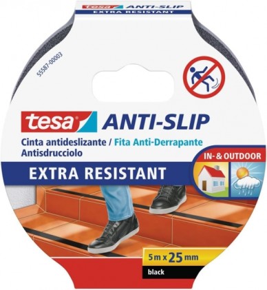 Nastro adesivo antiscivolo Tesa 25 mm x 5 m - Estremamente resistente e durevole - Adesione molto forte - Pu&ograve; essere tagliato a mano - Nero