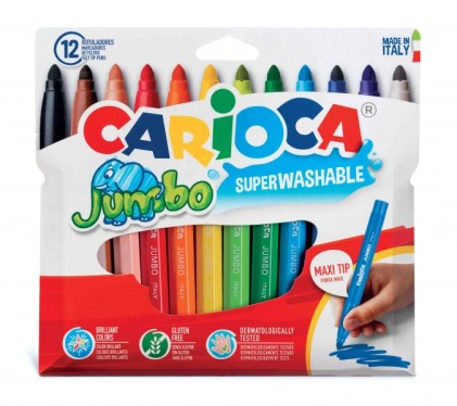Carioca Jumbo Pack da 12 pennarelli - Corpo ottagonale maxi - Inchiostro super lavabile - Punta bloccata maxi da 6 mm - Cappuccio ventilato - Vari colori