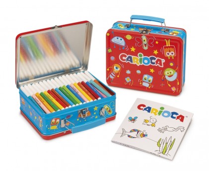 Confezione Carioca da 100 pennarelli a punta fine e inchiostro superlavabile - Scatola in metallo - 1 album da colorare - Dedicato ai piccoli artisti - Vari colori