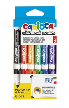 Carioca Confezione da 6 pennarelli per lavagna bianca - Punta da 4,5 mm - Cappuccio a clip - Facili da cancellare e ad asciugatura rapida - Colori assortiti