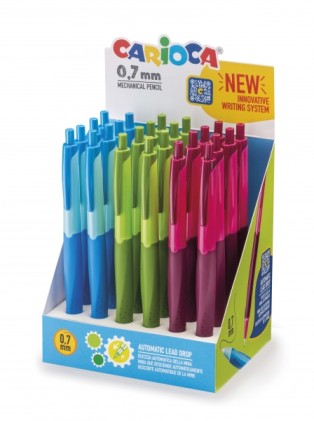 Espositore Carioca da 24 matite meccaniche automatiche - Punta mina da 0,7 mm - Discesa automatica della mina - Impugnatura antibatterica - Kit di ricarica con 20 mine - Vari colori