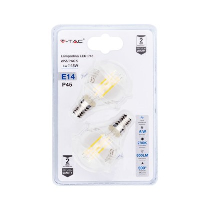 V-TAC Lampadina LED E14 6W P45 Filamento 2700K (Blister 2 Pezzi)