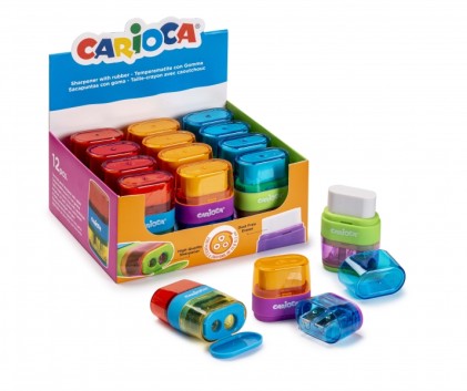 Espositore di 12 temperamatite Carioca con gomma - Doppio foro - Adatto per matite e pastelli - Vite di sicurezza - Contenitore per trucioli - Vari colori