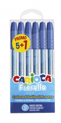 Carioca Fiorella Confezione da 6 Penne a Sfera - Punta a Sfera - Corpo Trasparente Fluo - Punta Ø 1mm - Scrittura Vivace e Colorata - 5+1omaggio - Colore Blu