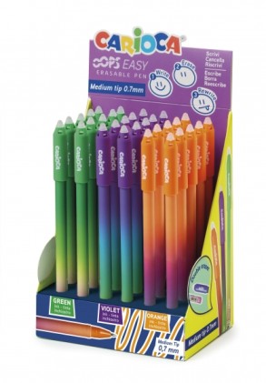 Carioca Oops Easy Display Confezione da 30 Penne Cancellabili - Inchiostro Termosensibile - Corpo con Effetto Sfumato - Punta &Oslash; 0,7mm - Doppia Gomma - Vari Colori