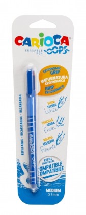 Carioca Oops Blister Boligrafo Borrable - Termo Sensible - Empu&ntilde;adura Ergonomica Triangular - Punta de 0.7mm - Doble Goma - Recambios Compatibles - Color Azul