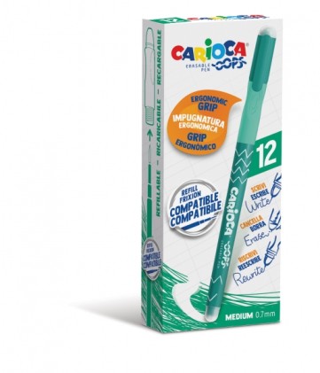 Penna Cancellabile Carioca Oops - Termosensibile - Impugnatura Ergonomica Triangolare - Punta &Oslash; 0,7mm - Doppia Gomma - Ricariche Compatibili - Colore Verde