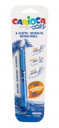 Penna cancellabile retrattile Carioca Oops - Sensibile al calore - Impugnatura ergonomica triangolare - Punta da 0,7 mm - Ricariche compatibili - Blu