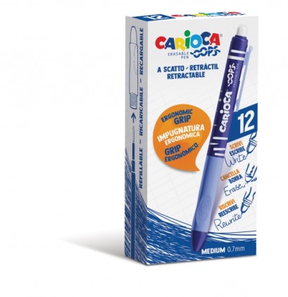 Penne Cancellabili Carioca Oops - Termosensibili - Impugnatura Ergonomica Triangolare - Punta Ø 0,7mm - Ricariche Compatibili - Colore Blu