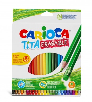 Carioca Tita Confezione da 24 matite cancellabili in resina - Corpo esagonale - Colori brillanti e lavabili - Scrittura morbida - Mina da 3 mm - Vari colori