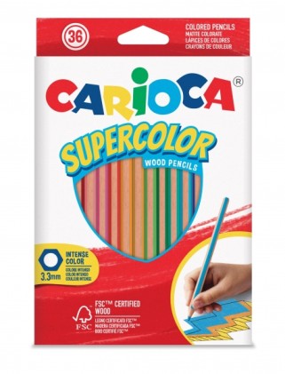Carioca Supercolor Confezione da 36 Matite Colorate - Corpo Esagonale in Legno - Colori Intensi e Alta Opacit&agrave; - Mina 3,3 mm - Colori Assortiti