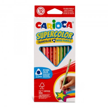 Carioca Supercolor Confezione da 12 Matite Colorate - Corpo Triangolare in Legno - Colori Intensi e Alta Opacit&agrave; - Mina da 3,5 mm - Colori Assortiti