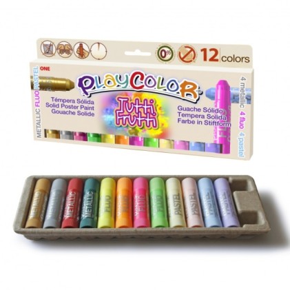 PlayColor Tuttifrutti Confezione da 12 Tempere Solide - Non Sgualciscono la Carta - Non Necessitano di Vernice - Colori Assortiti Metallizzati, Fluo e Pastello