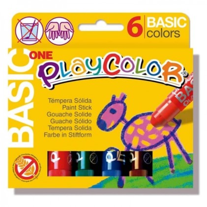 PlayColor Basic Confezione da 6 colori a tempera solidi - Nessuna piega sulla carta - Non necessita di acqua - Speciale per uso scolastico - Colori assortiti