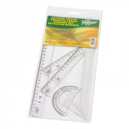 Faibo School Ruler Pack - Include righello da 30 cm, squadra da 25 cm, squadra da 25 cm e semicerchio da 9 cm - Presentato in sacchetto trasparente - Colore trasparente