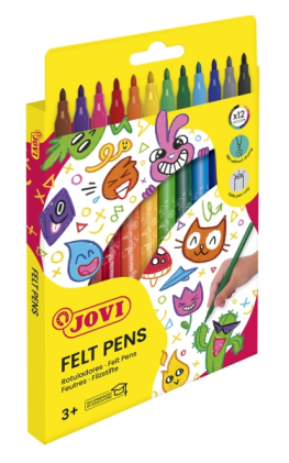 Set di pennarelli Jovi Felt Pen da 12 pezzi - Ampia variet&agrave; di colori - Inchiostro ad alta fissazione - Punta da 3 mm - Tappo di sicurezza ventilato - Impugnatura triangolare ergonomica - Colori assortiti