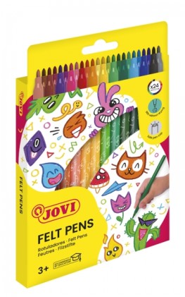 Pennarelli Jovi Felt Pen Confezione da 24 - Ampia varietà di tonalità - Inchiostro ad alta fissazione - Punta da 3 mm - Cappuccio di sicurezza ventilato - Impugnatura ergonomica triangolare - Colori assortiti