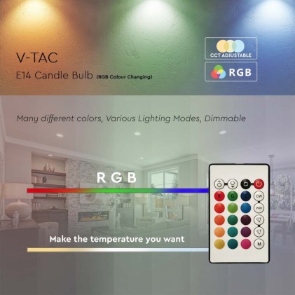 V-TAC Lampadina LED E14 4,8W Candela RF Controller con Telecomando 24 Tasti RGB + 3000K Dimmerabile