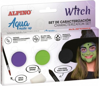 Alpino Aqua Makeup Witch Makeup Set - 3 contenitori per cipria + cera nera + pennello + spugna