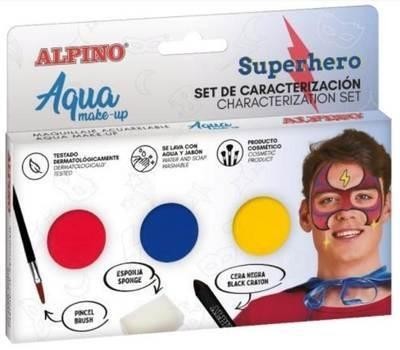 Alpino Aqua Makeup Superhero Makeup Set - 3 contenitori in polvere + cera nera + pennello + spugna