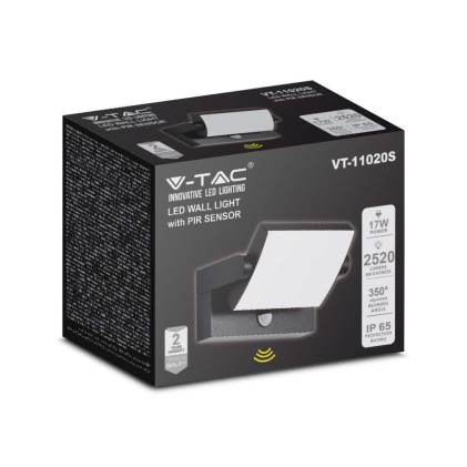 V-TAC Lampada LED da Muro Rettangolare 17W 120LM/W Con Sensore PIR Colore Nero Ruotabile 4000K IP65