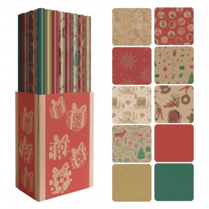 Dohe Christmas Kraft Gift Wrap Display da 50 rotoli - 10 design diversi - 5 rotoli per design - Misure del rotolo 0,70x2 m