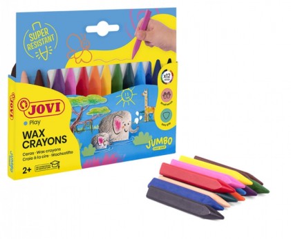 Jovi Triwax Confezione da 12 pastelli a cera triangolari - Senza macchie - Tratto fluido - Alte prestazioni - Temperamatite sicuro - Senza allergeni - Colori assortiti