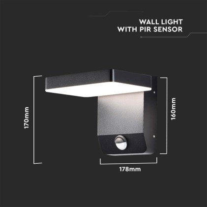 V-TAC Lampada LED da Muro Quadrata 17W 150LM/W con Sensore Colore Nero 3000K IP65