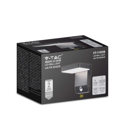 V-TAC Lampada LED da Muro Quadrata 17W 150LM/W con Sensore Colore Nero 4000K IP65