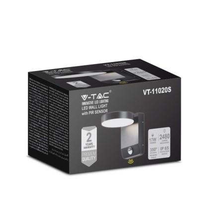 V-TAC Lampada LED da Muro Rotonda 17W 150LM/W con Sensore Colore Nero 4000K IP65